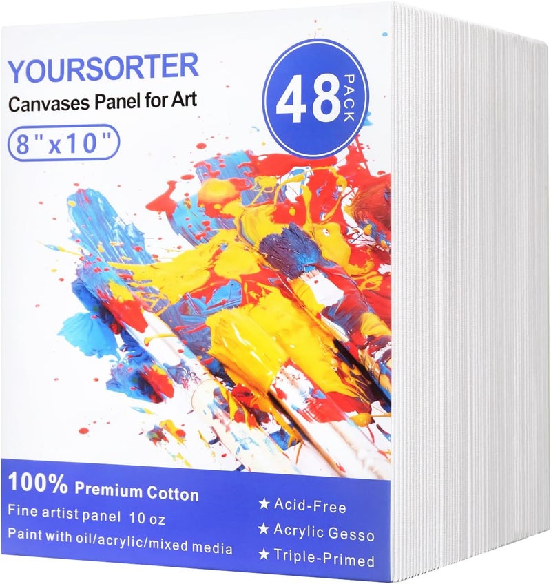 YOURSORTER Canvases for Painting 48 Pack, 8x10 inch Blank Canvas Boards, Primed Acid-Free 100% Cotton Canvas Panels for Acrylic Oil Tempera Watercolor Paints, Art Supplies - Image 1